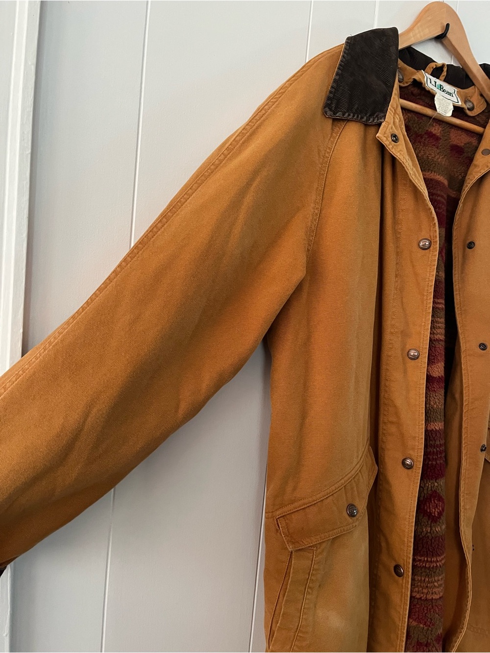 Vintage LL Bean Sherpa Lined Aztec Duster Coat Canvas Chore Rancher Tan Trench - Picture 4 of 16